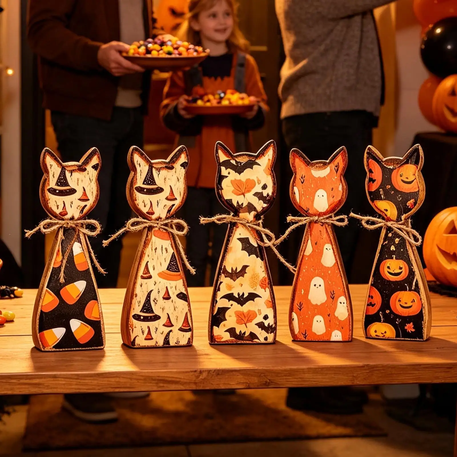 Halloween Wooden Cat Figurines 5 Pieces Rustic Spooky Double-Sided Farmhouse Wood Cat Figurine Set Decorations For Home Mantel
