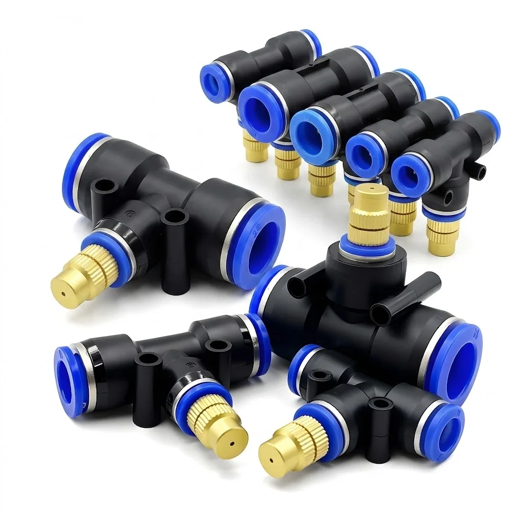 Adjustable Sprayer Brass Misting Nozzle with Tee Adapter Outdoor Garden Irrigation Water System Fits 6 8 10 12 14 16mm PE Tubing