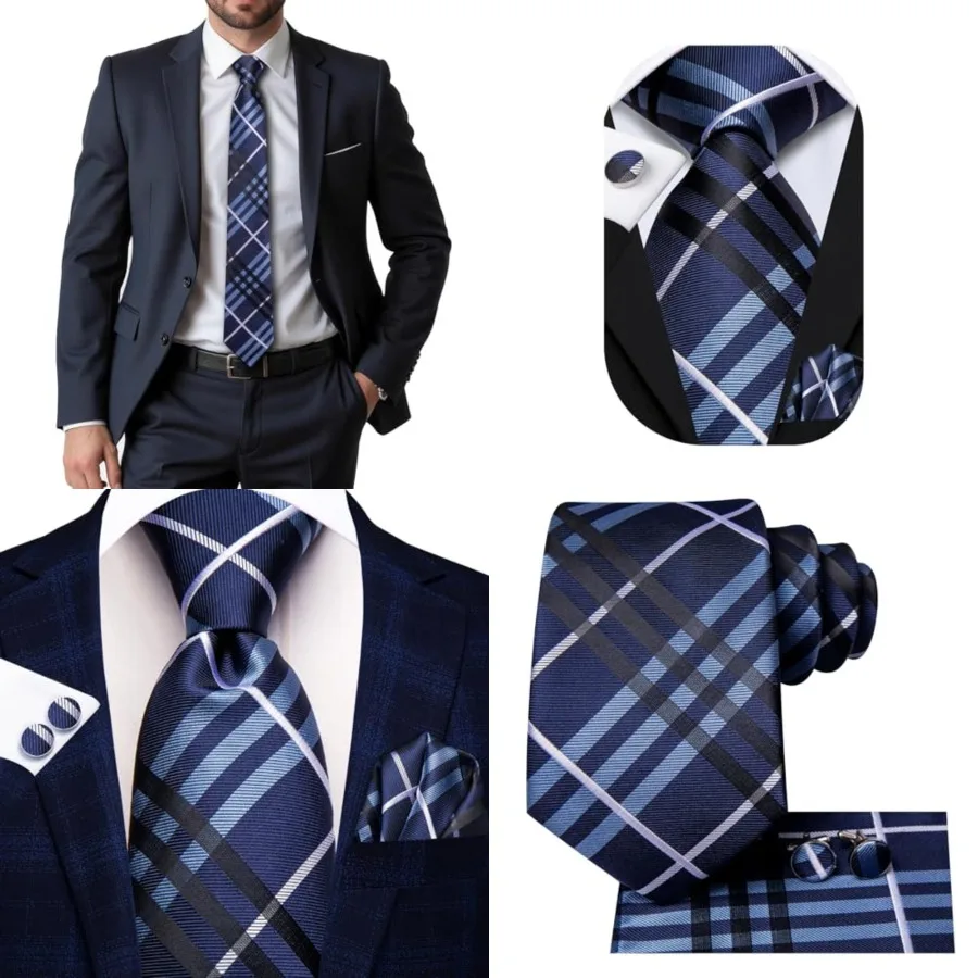 

Mens Tie Set Solid Paisley Silk Striped Necktie for Men with Cufflinks Tie and Pocket Square，Dark Blues