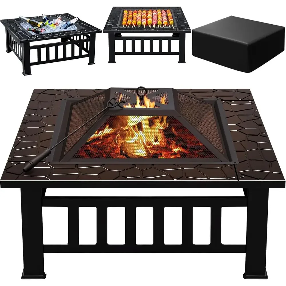 32-inch Square Metal Patio Fire Pit Table with Spark Screen, Rain Cover, Ideal for Outdoor Heating, BBQ, and Camping