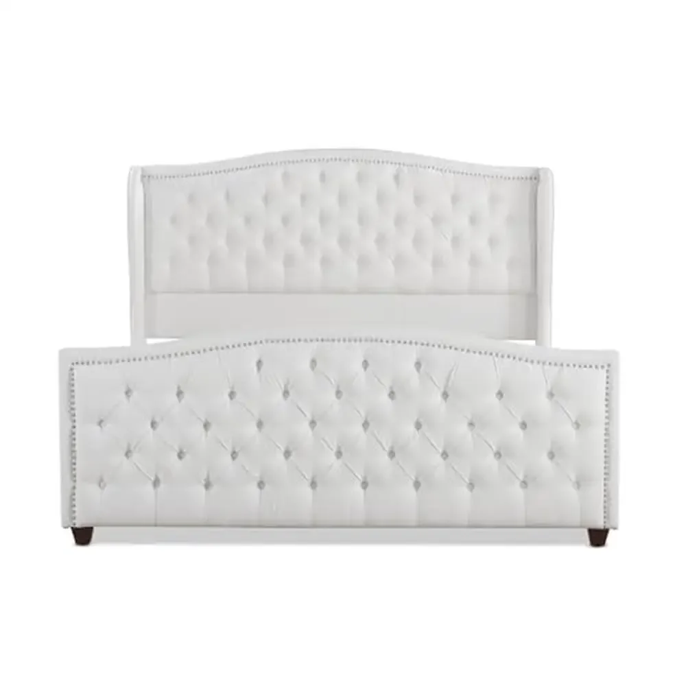 King Size Bright White Polyester Upholstered Panel Bed Set with Nailhead and Tufted Features Durable Birch Frame 88"L x 83"W x image 3
