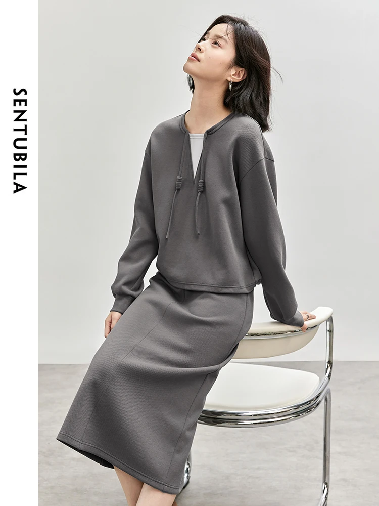 SENTUBILA Women 2 Piece Set 2026 Autumn Spliced 2 In1 Sweatshirt Hight Waist Slit-hem Long Skirt Casual Knitted Sets 143Z56174