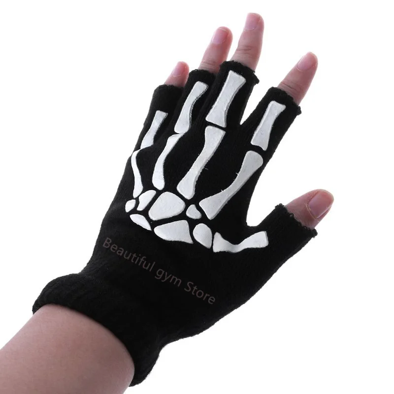 Unisex adulto halloween esqueleto crânio metade dedo luvas brilho keine escuro fingerlose estiramento malha luvas de inverno