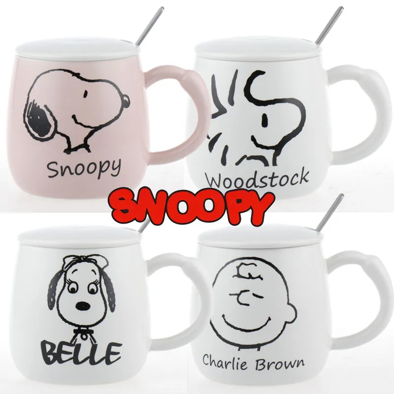 Snoopy Mugs Cute Cartoon Home Office coffee cup 390ml Water Mug with Lid Spoon Couple Ceramic Mug Drinkware Kids Birthday Gifts