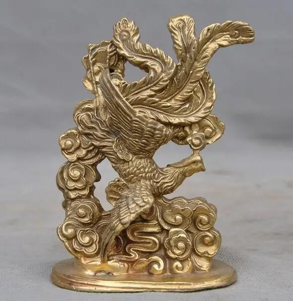 

5" China Chinese brass Feng Shui auspicious Dragon & Phoenix Phenix Feng Animal Statue