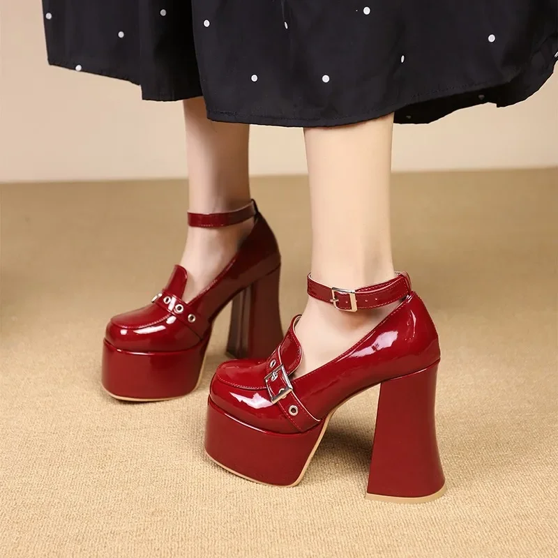 12.5CM Mary Jane Shoes 2024 Spring And Autumn Women's Shoes Platform High Heels Punk Style One-line Buckle Small Leather Shoes