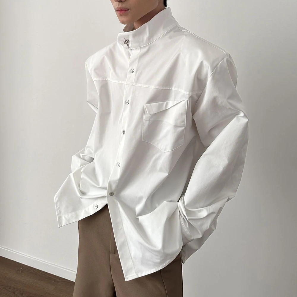 Mens Y2k Pocket Plain Padded Shoulder Shirt Summer Streetwear Fashion Niche Youth Versatile Long Sleeve Top Men'S Clothing 2026