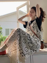 plus Size Women's Hollow out Strap Dress Korean Style High Waist A-Line Skirt Summer Casual Short Sleeve round Neck Dress