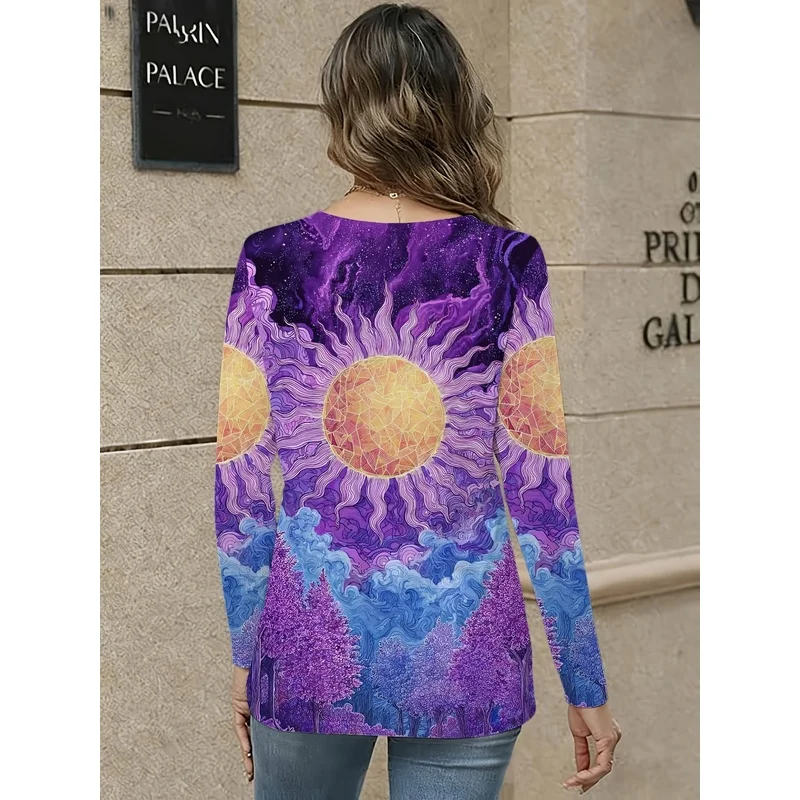Women Casual Long Sleeve V Neck T Shirts Abstract Art Sun And Cloud Pattern Autumn Winter Warm Tops Perfect Self Gift For Daily