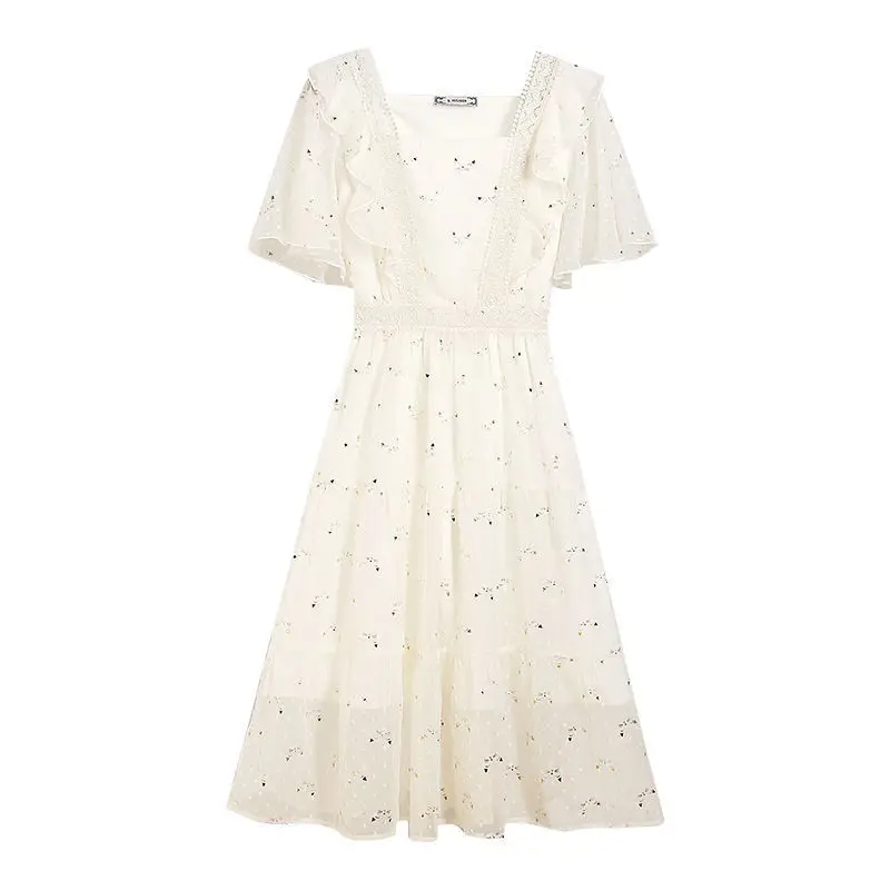 Summer Fashion Sequins Lace Patchwork Elegant Party Dresses for Women Ruffle Short Sleeve Slim Sweet Chic Fairy Midi Dress Robe