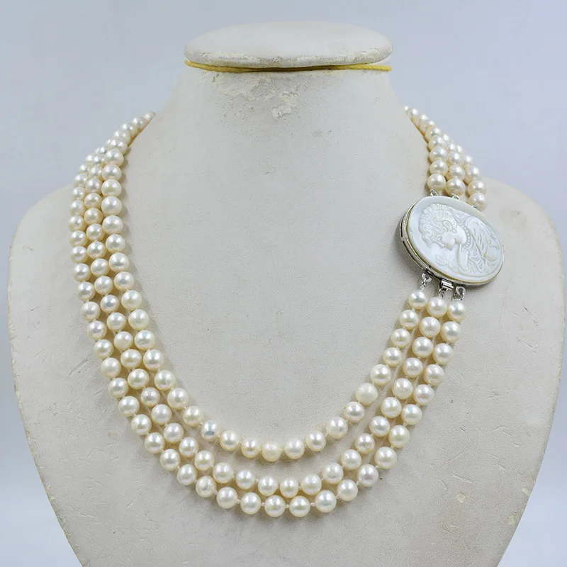 

3 rows of 7MM natural white cultured freshwater pearl necklace. Glamour Women Wedding Party Gift Luxury Jewelry