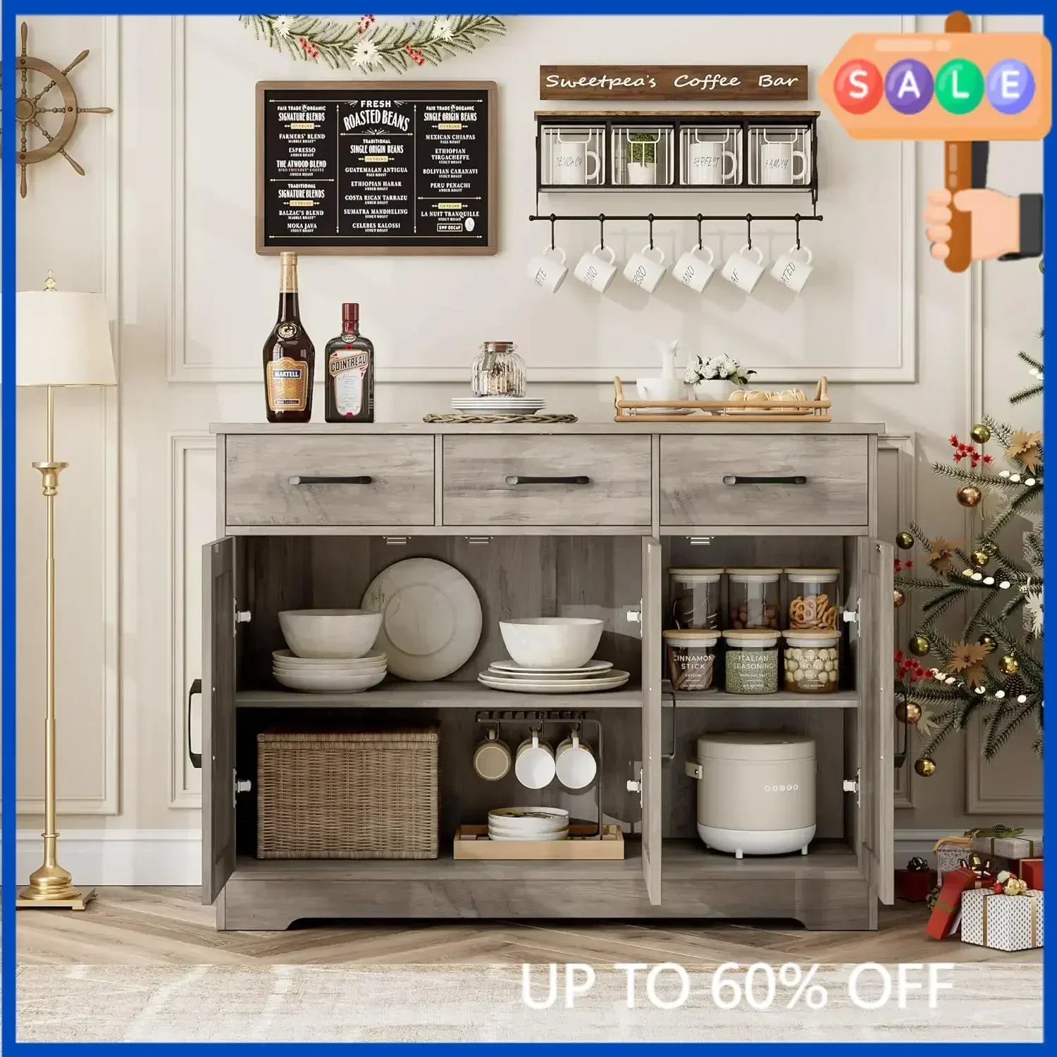 hot-sale productsActivity limited-time priceModern Farmhouse Buffet Sideboard Cabinet, Barn Doors Storage Cabinet with Drawers a