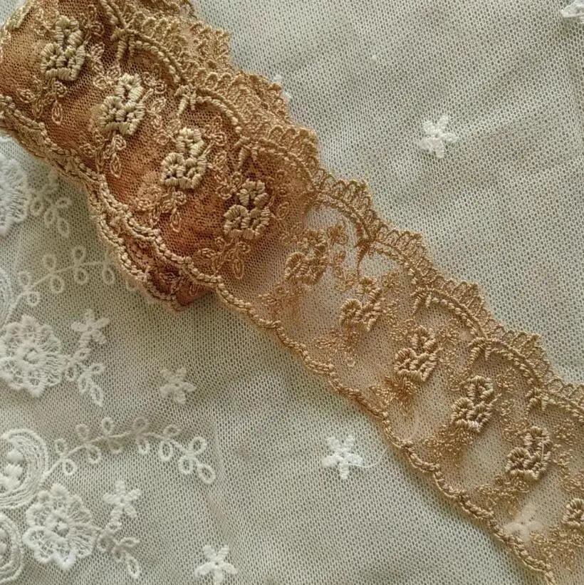 3 Yards Brown GOld Color Embroidery Flower Lace Fabric Tull Mesh Flower Lace Trims DIY Dress Doll 4cm Width Free Shipping