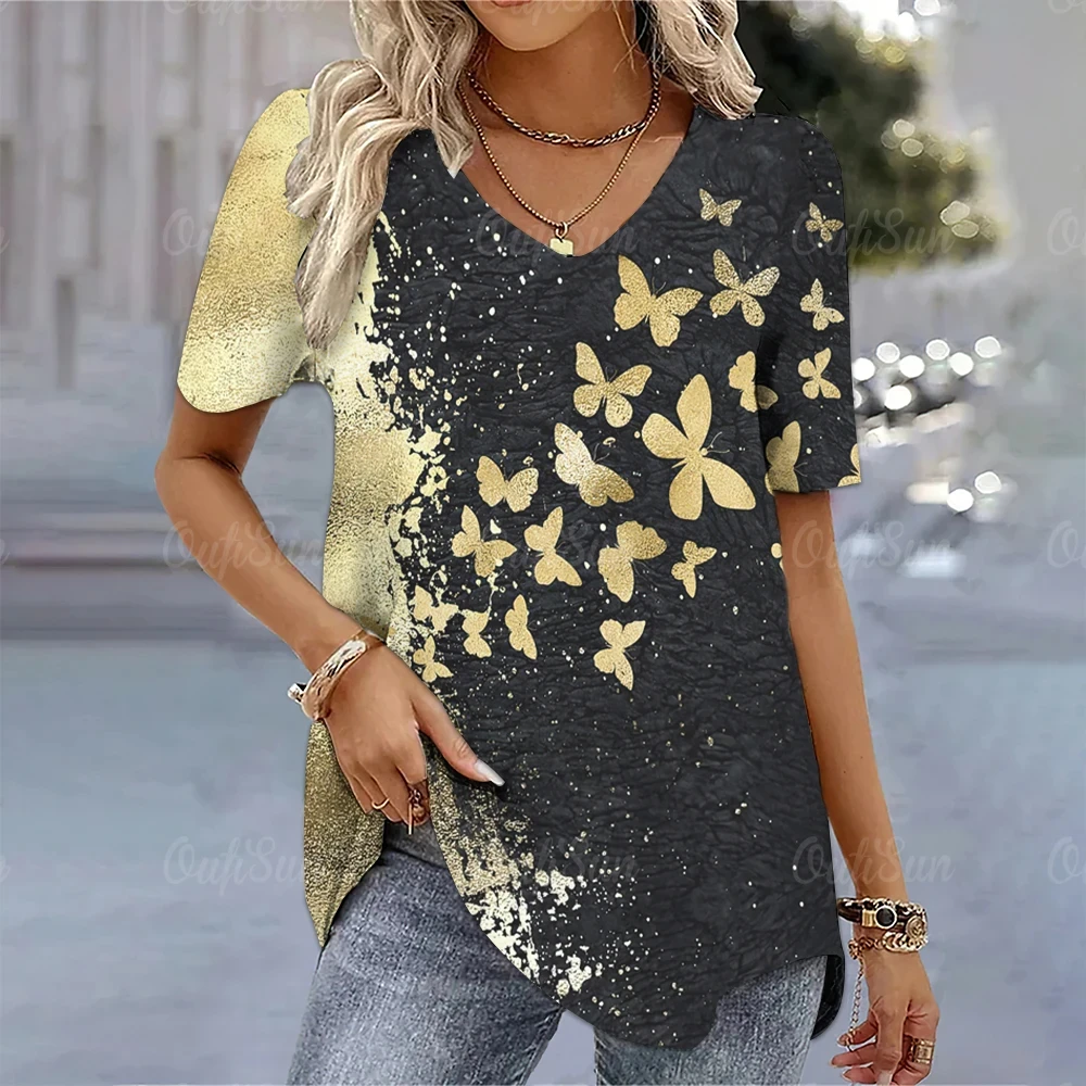 Summer Luxury V Neck T-Shirt 3D Multicolor Butterfly Animal Graphic Print Women's Tops Oversized Street Short Sleeve Casual Tops