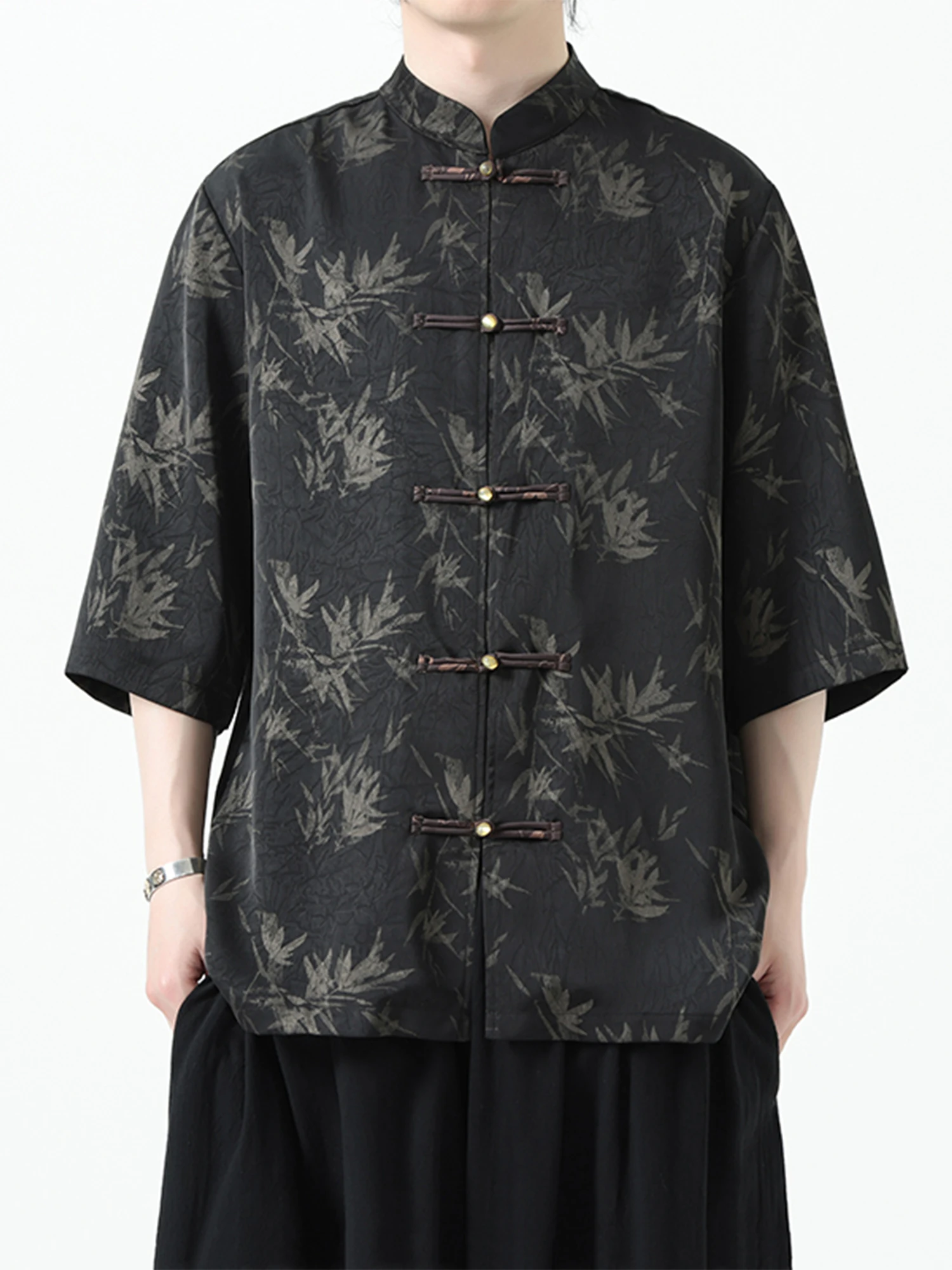 

New Chinese Sle Ice Silk ort Sve irt Men's Printed Bamboo Le Pattern Stand Collar Button up Summer Faion Top