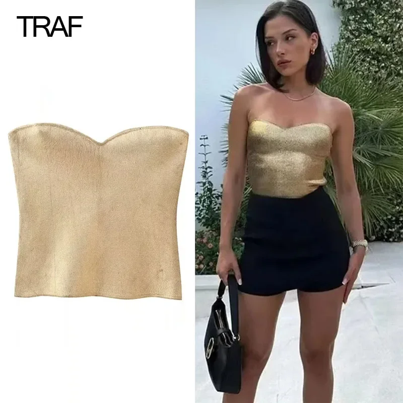 New 2025 Off Shoulder Corset Top Women Gold Knit Crop Top Sexys Woman Sleeveless Backless Corset Tops Fashion Summer Tube Tops