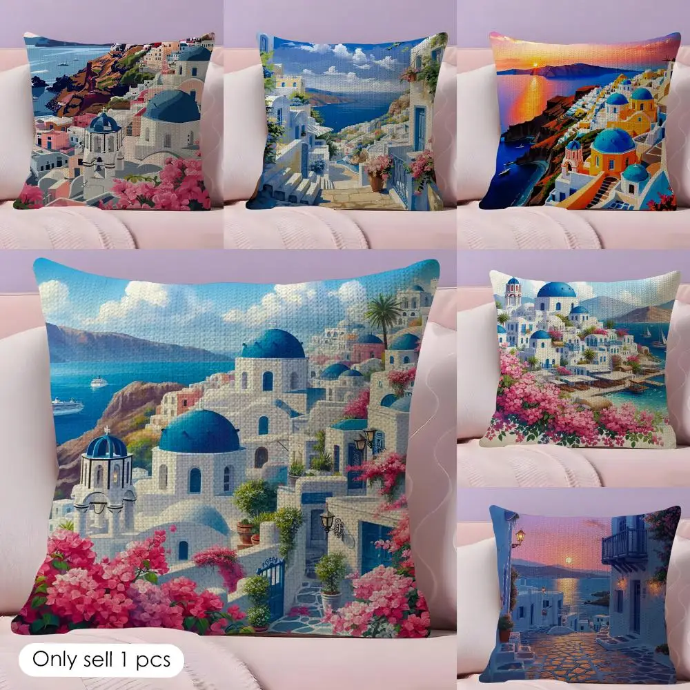 Santorini Landscape Cushion Cover Natural Linen Double Sided Print  Throw Pillow Case for Sofa Couch Home Decor