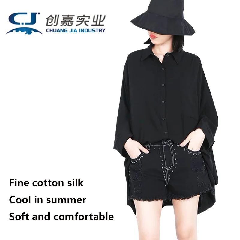 

Летняя хлопковая шелковая женская рубашка с длинными рукавами, темно-синяя свободная рубашка с рукавами «летучая мышь», большой размер, повседневная рубашка, оригинальный дизайн, модная одежда