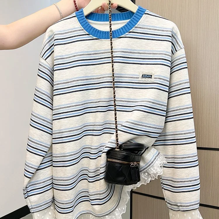 

Свободный свитшот с длинными рукавами, вышивкой и кружевными вставками, в полоску, в корейском стиле, модный топ для осени