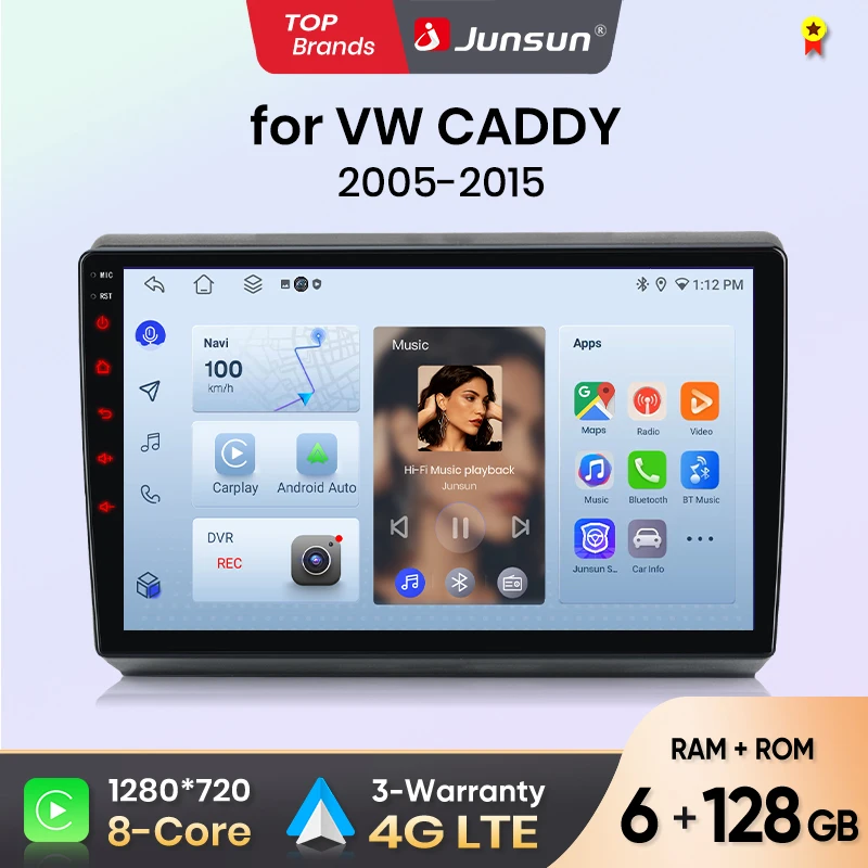 Autoradio Junsun pour VW Volkswagen Caddy 2005 2006 2007 2008 2009 2010 2012 2013 2014 2015 CarPlay Android Auto FM RDS DSP BT GPS Navi SWC Écran tactile HD IPS Plug & Play Lecteur multimédia Appel mains libres Style d'origine de la voiture