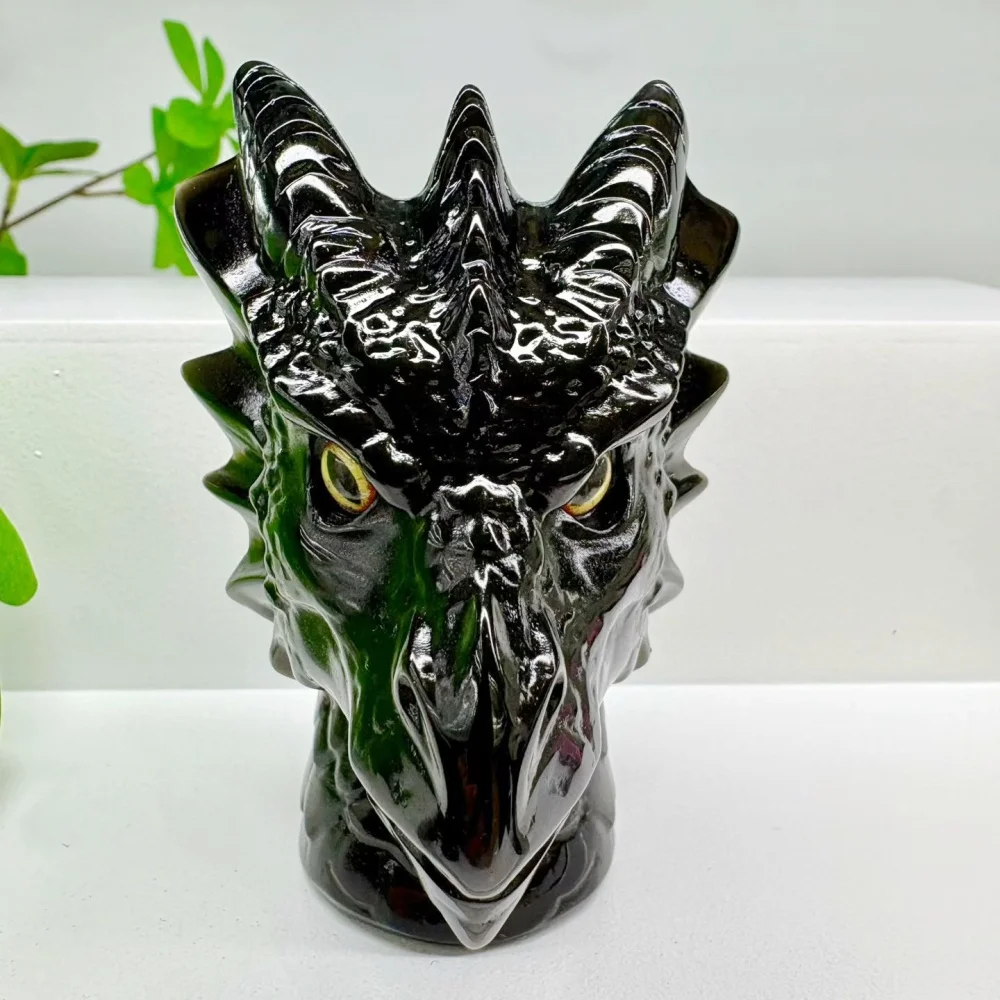 7.9cm Natural Black Obsidian Griffin Head Dragon Figurine Crystal Mythical Beast Statue With Inlaid Eyes Stone Desktop Ornament