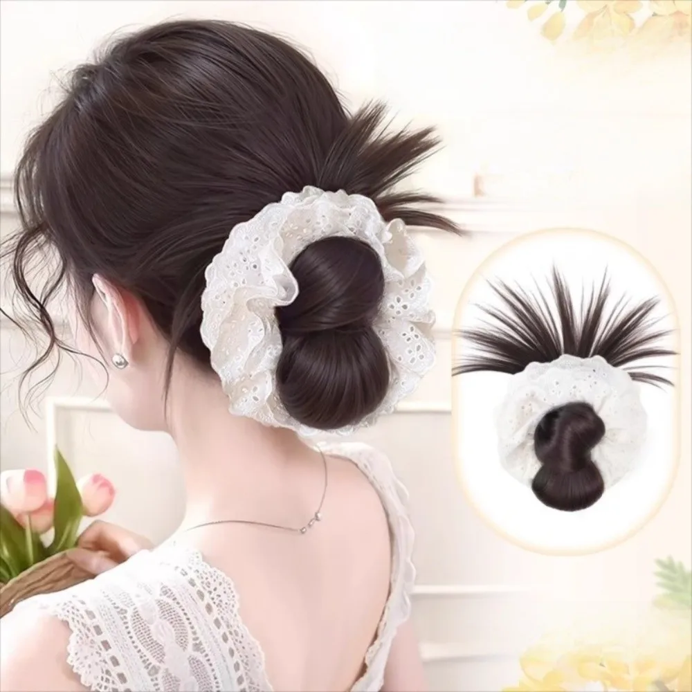 

New Synthetic Hair Bun Claw Clip with Hair Band Lace Hair Tie Bun Head Wig Fluffy Natural Wig Hair Clip Women
