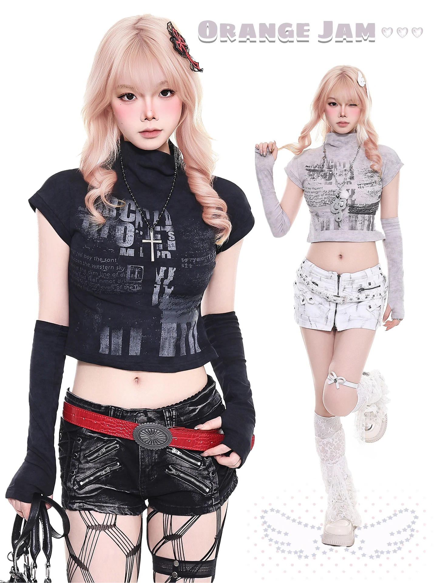 

Detachable Sve T-irt ort High Collar Slim Fit Girl's Sle Orange Juice YO Gothic Punk Spicy Lady Summer irt