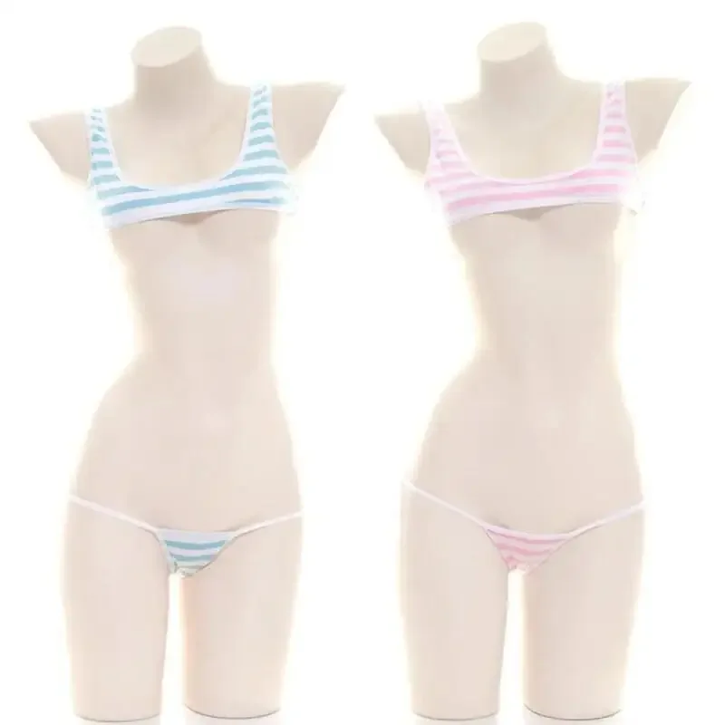 2026 Blue White Stripe Bikini Swimsuit Striped Halter Micro Bikini Set Lolita Kawaii Swimsuit Backless String Tied Bathing Suit