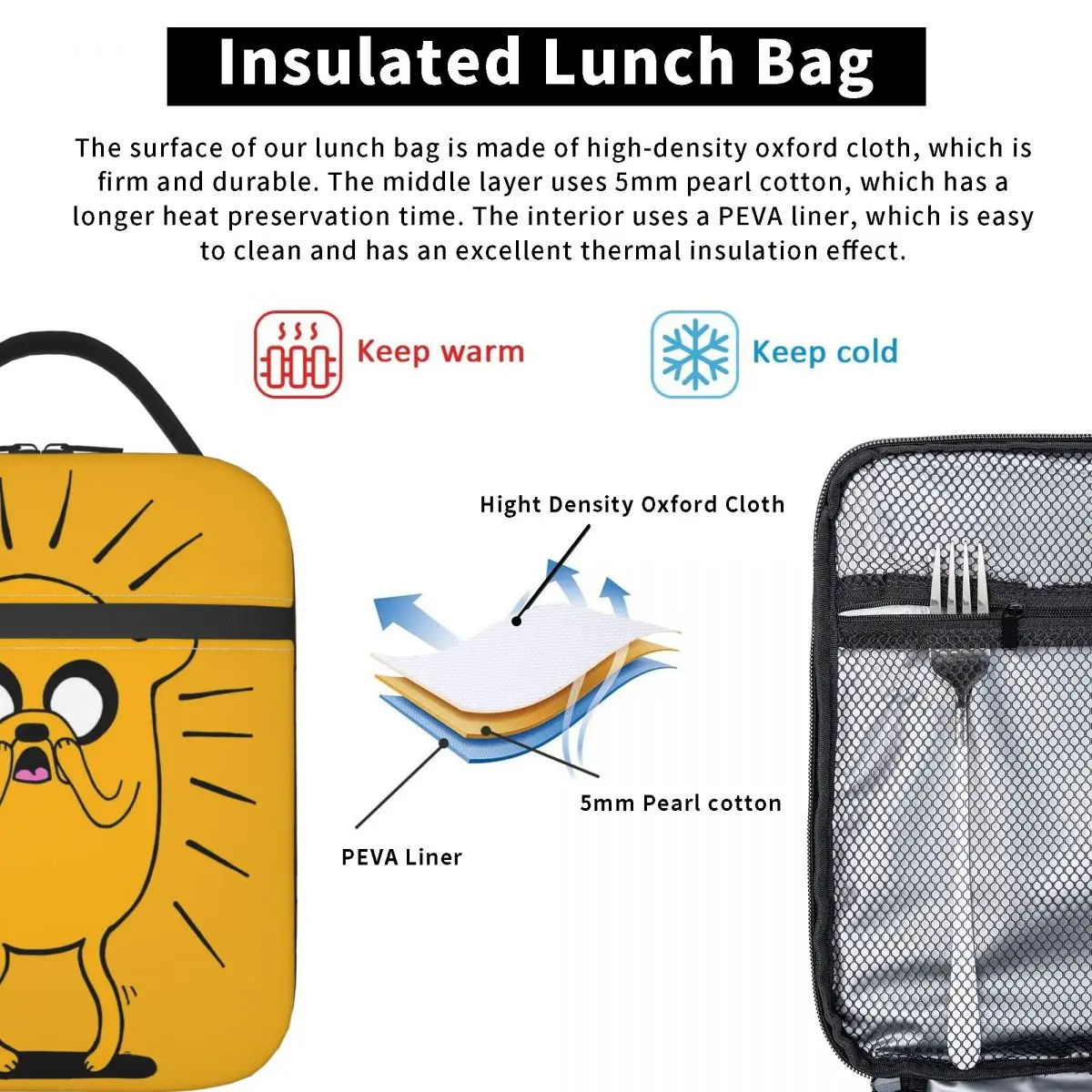 Adventures Time Jake The Dog In Shock Insulated Lunch Bag Portable Meal Container Thermal Bag Tote Lunch Box School Girl Boy