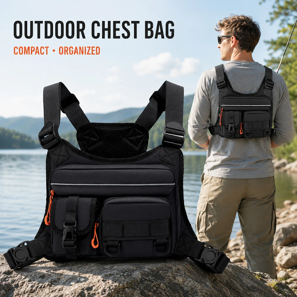 Lightweight Outdoor Fishing Chest Bag Multi Pocket Reflective Tackle Storage Pack for Hiking Camping Biking Travel Men Women Kit