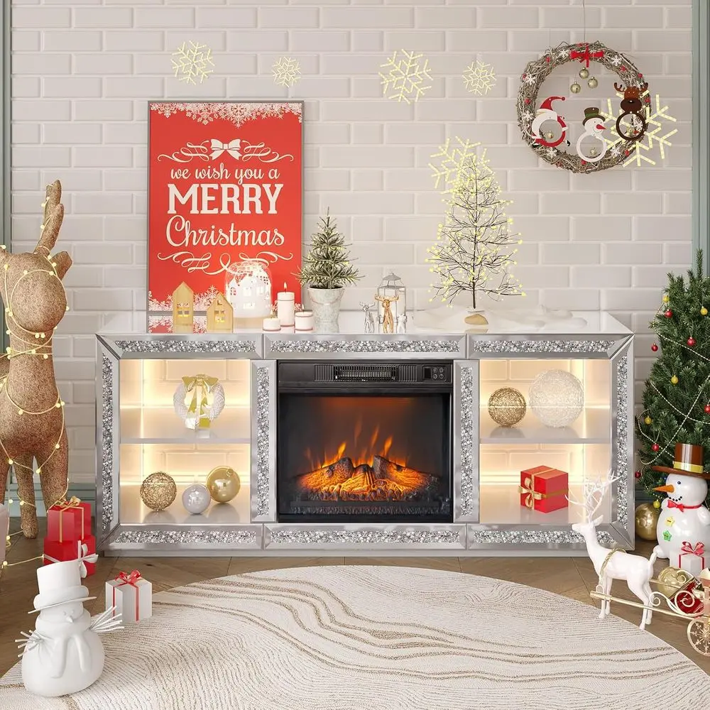 

Тумба под телевизор 70 дюймов с зеркальными стеклянными панелями, LED-подсветкой и развлекательным центром в стиле Diamond