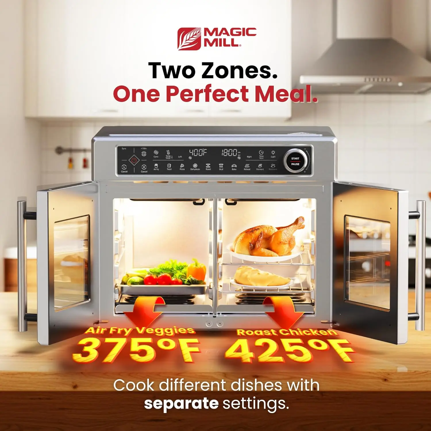 High-End Dual-Zone Stainless Steel Air Fryer Toaster Oven Combo, 32-Quart Extra-Large French Door Convection Oven with Cutting-E