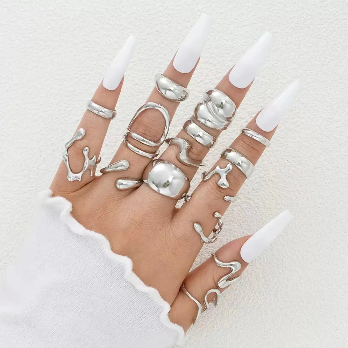 15PCS Cross-Border Punk Landscape Eing, Exaggerated Irregular Silver Thick Ring, Suitable For Hip Hop Men And Women Party Wear