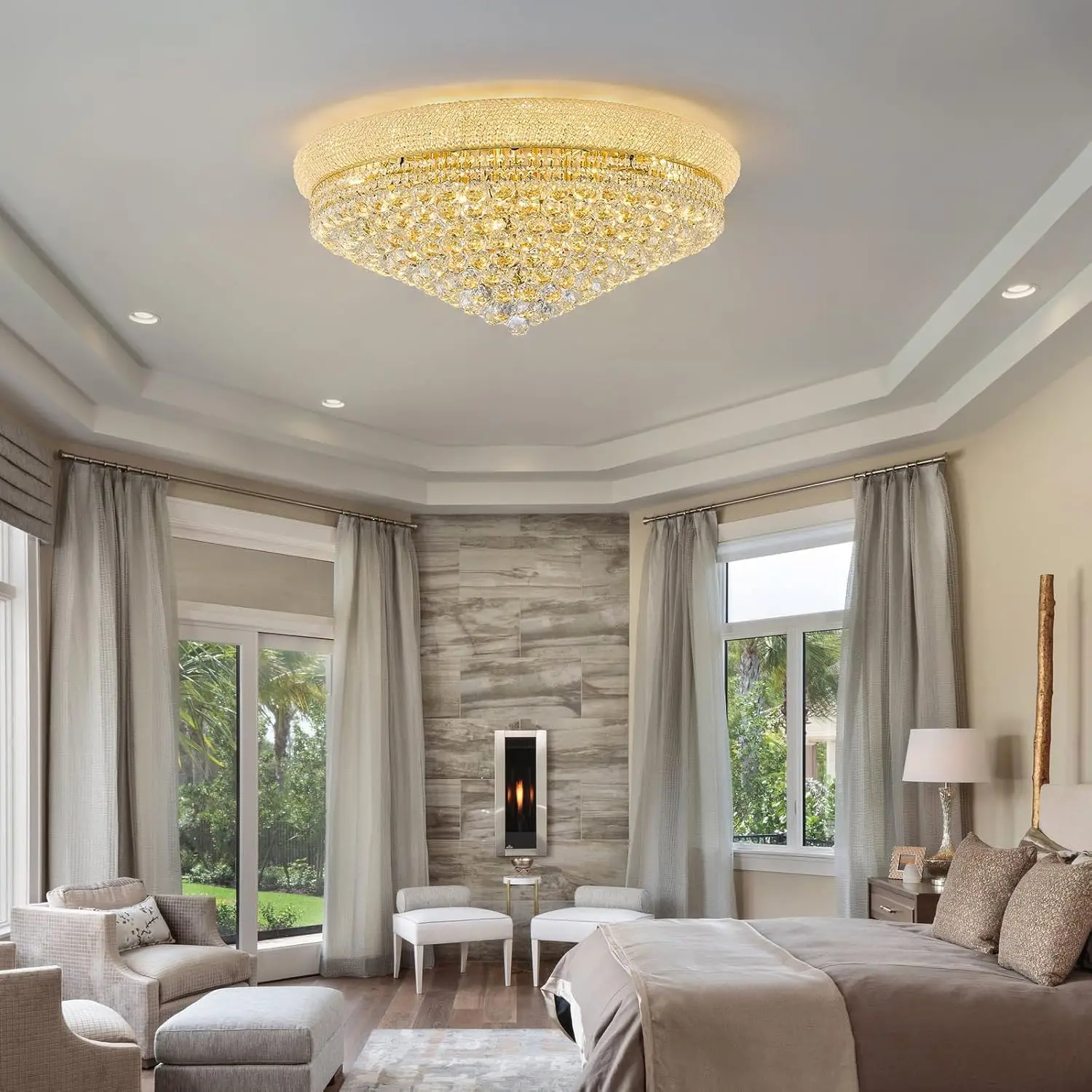 Round Crystal Ceiling Lamp Gold Crystal Flush Mount Ceiling Chandelier Light Fixture For Living Dining Room Entryway Foyer