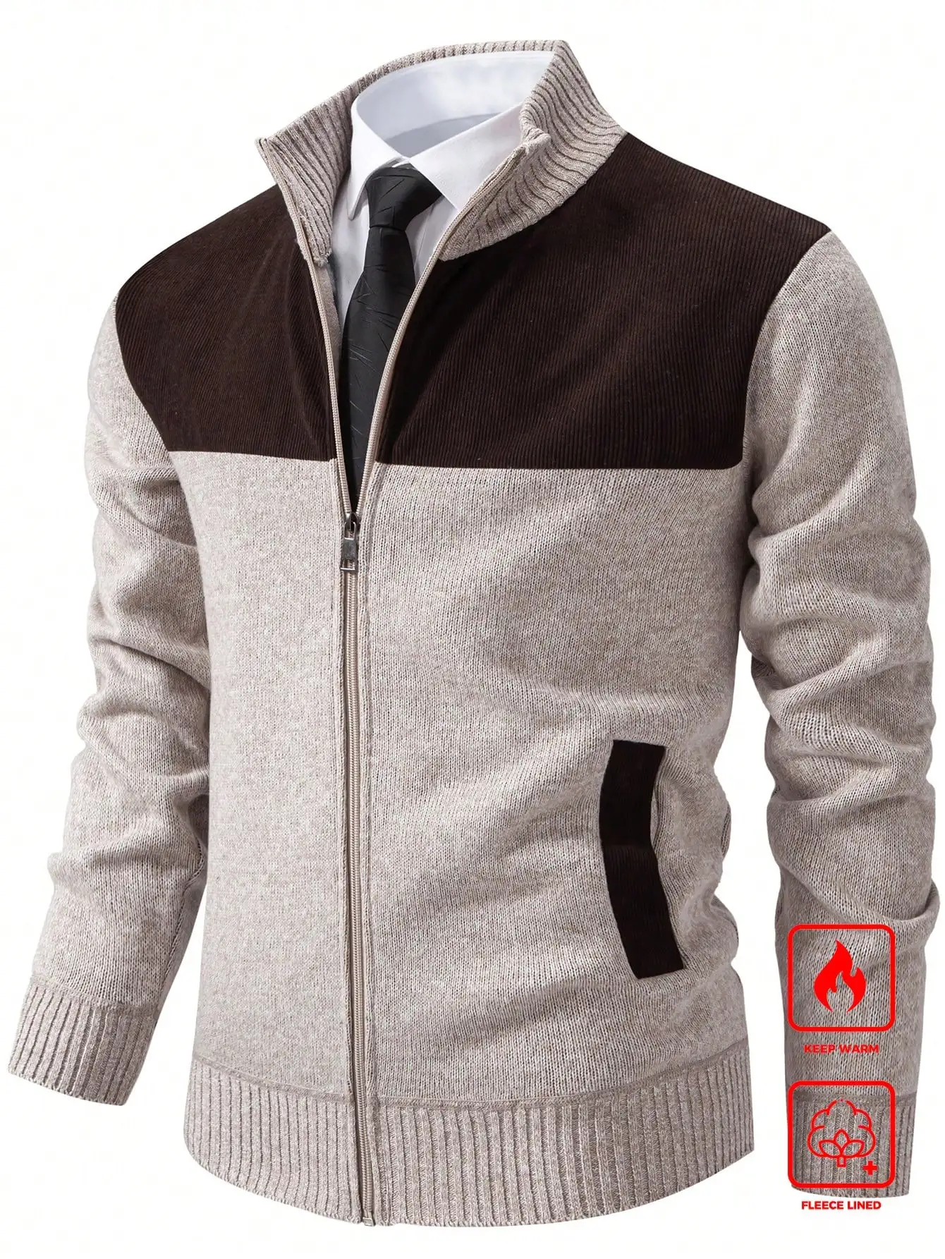 

Men's Fleece-Lined Color Block Zip-Up Knit Cardigan Sweater for Fall Winter