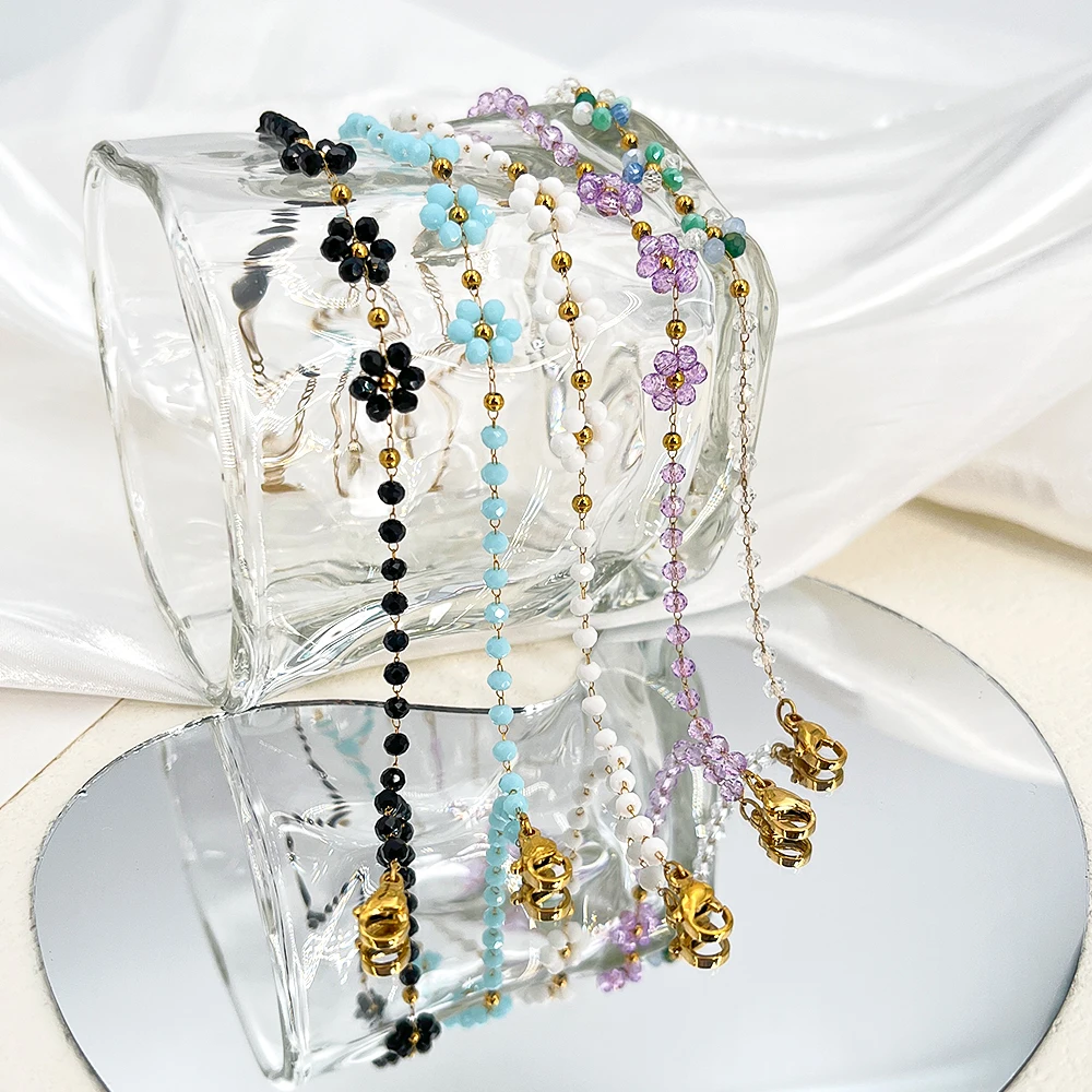 1piece Vintage-Inspired Woven Stainless Steel Crystal Chain With Daisy Accents Fresh Retro Style Finished Bracelet And Necklace