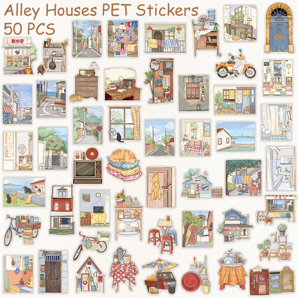 50 Stück Alley Houses transparente PET-Aufkleber für Laptop, Notebook, Koffer, Skateboard, DIY, ästhetische wasserdichte Aufkleber – Detail 2