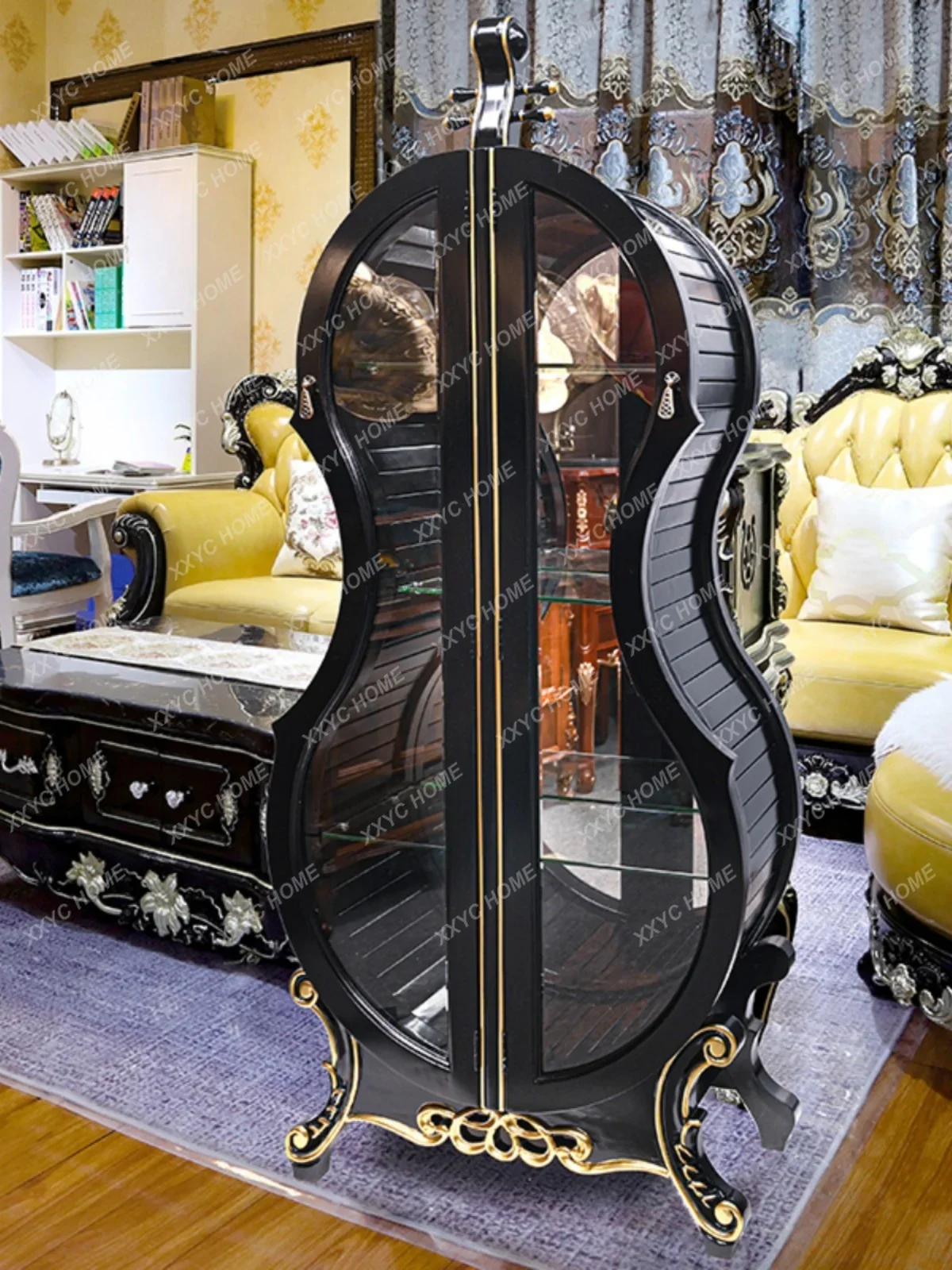 Violin Wine Cabinet Solid Wood Carved Glass Double Door Living Room Display Cabinet