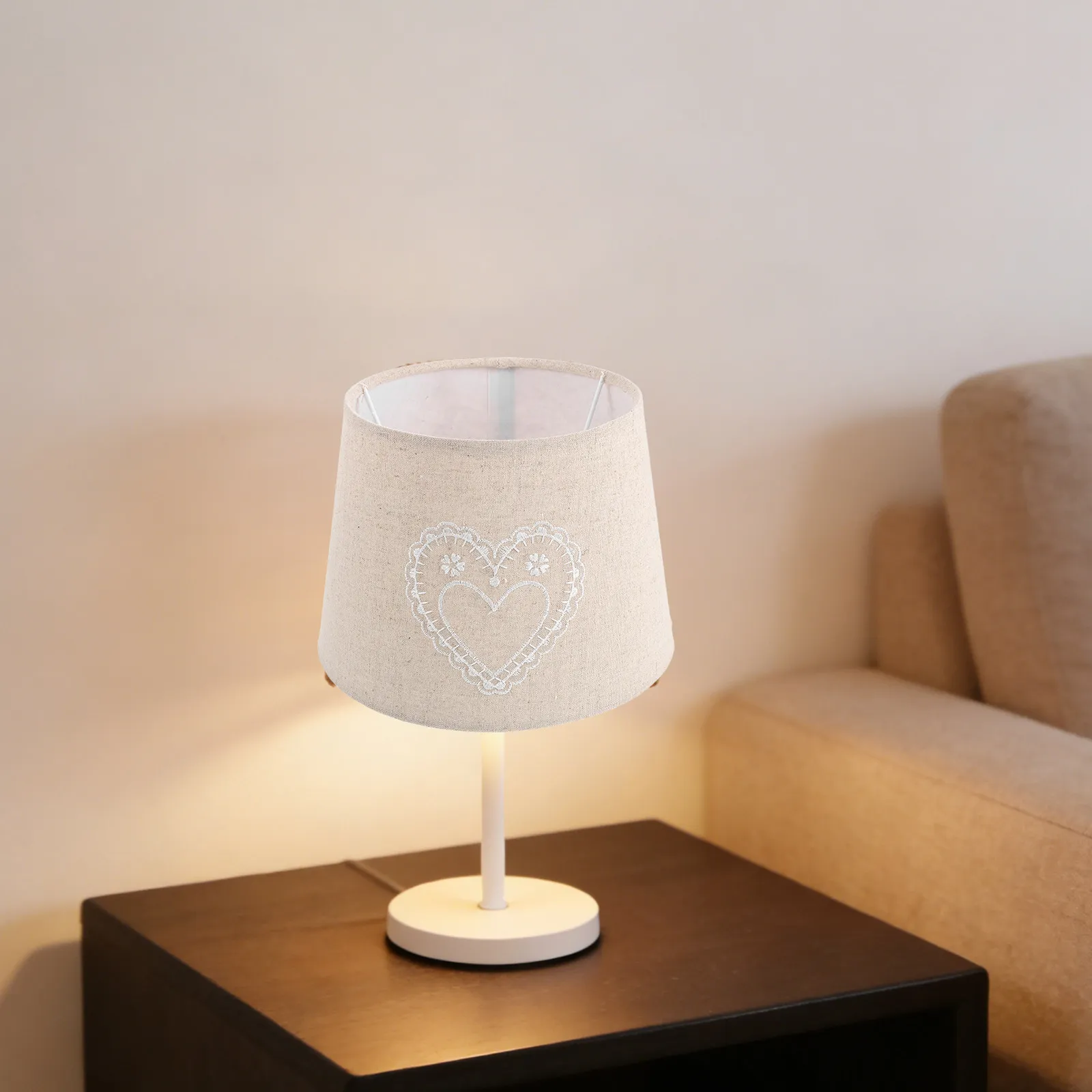 Embroidered White Heart Linen Lampshade for E27 E14 Table Lamps Fabric Drum Light Shade Bedroom Living Room Table Lamp