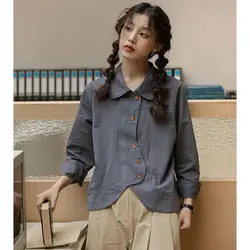 Spring Autumn New Harajuku Irregular Button Shirt Tops Long Sleeve Polo Neck Solid Color Blouse Vintage Fashion Women Clothing