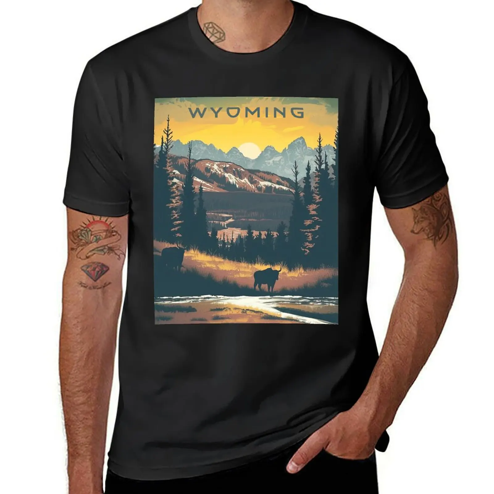 Wyoming, Vintage Style Travel Poster T-Shirt grafika vintage ubrania męskie t-shirty graficzne pakiet