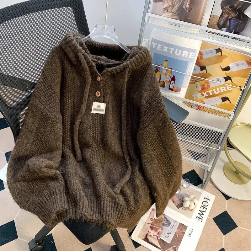 Chic Solid Hooded Sweater Women Autumn Winter New Long Sleeves Loose Warm Knitted Hoodies Fashion All-matched Soft Female Tops