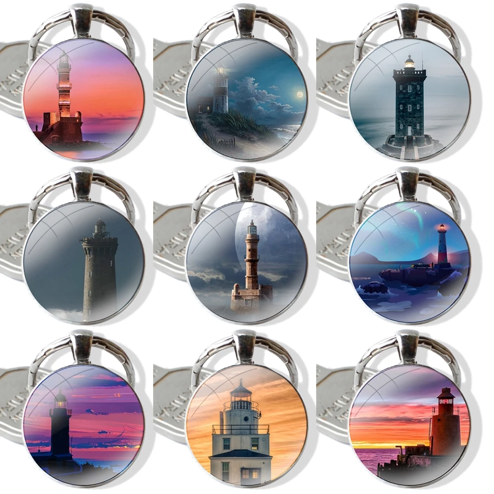 Keychain Glass Cabochon Metal Pendant Classic Men's Women's Keyring lighthouse beautiful