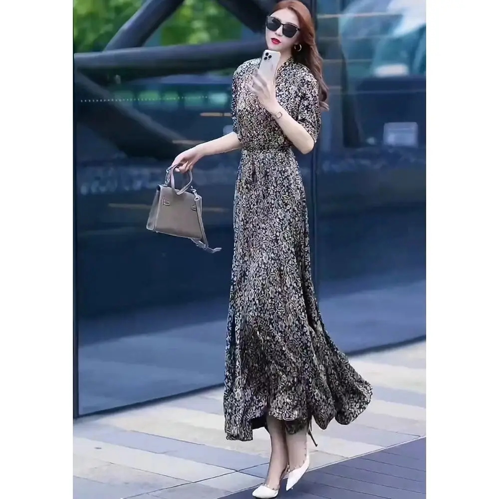 2024 Short Sleeve New Summer Printed Dress with Floral Patterns Waist Cinching Slimming Fashion High Waist arge Swing Long Skirt