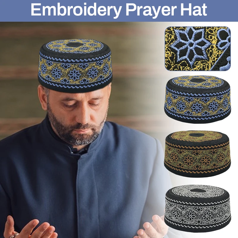 

Men Islamic Prayer Hat Turkish Caps Flat Top Hat Embroidery Flower Arabian Hat Saudi Arabia Hijab Performance Headscarf