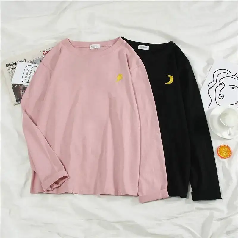 Mulheres dos desenhos animados bordados camisetas harajuku simples t camisa outono manga longa casual solto camiseta estudante engraçado tshirt topos