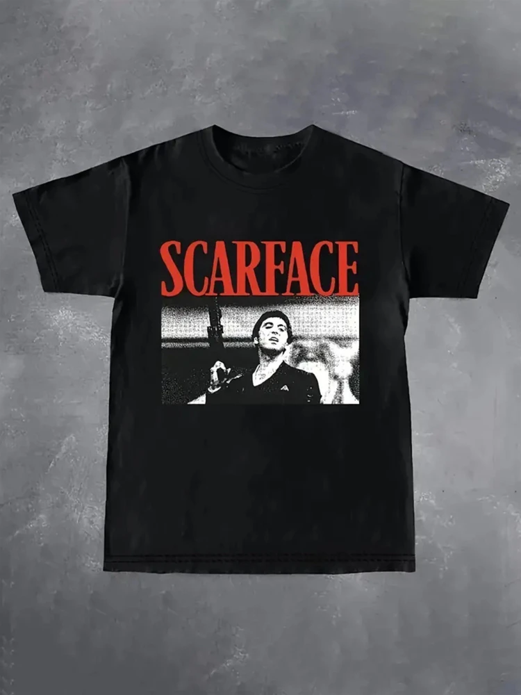 

with Scarface Graphic Print-Bold Red Text, Classic Movie Design-100% cotton O-neck short sleeve men's printed T-shirt.