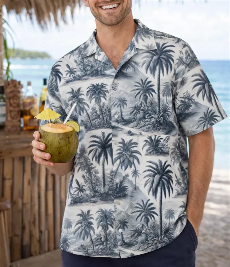 

Vintage Palm Tree Hawaiian Shirt Blue White Tropical Print Short Sleeve Button Casual Beach Shirt Man Clothes Clearance Sales
