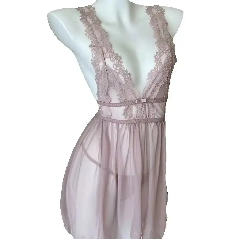 

Women Sexy Lace Backless Nightgown Deep V Neck Sleepwear Split Hem Babydoll Nightdress Sheer Mesh Pajamas Lingerie