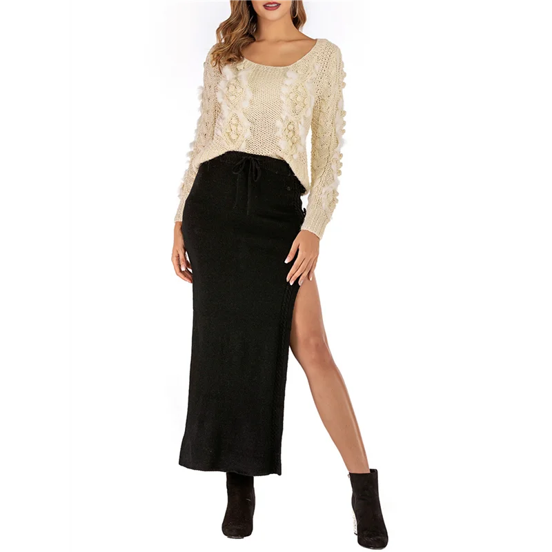 

AOAO-Women's Midi Skirt Drawstring High Waist Slit Sweat Skirts